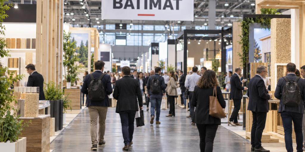Vue générale d’un salon professionnel du bâtiment avec la signalétique BATIMAT.