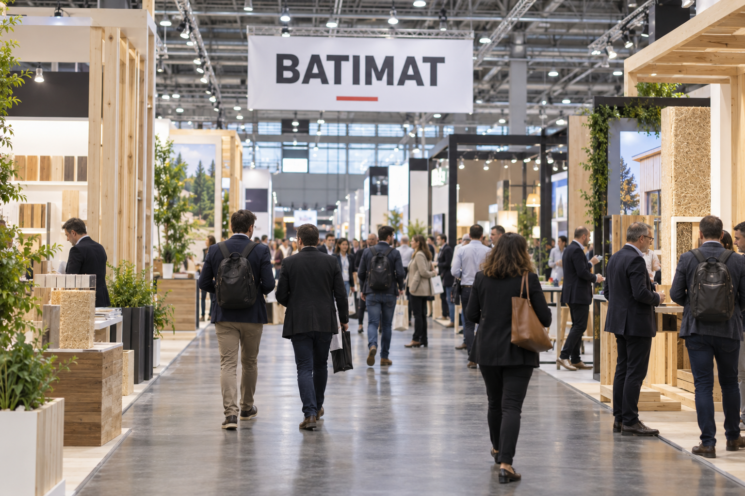 Vue générale d’un salon professionnel du bâtiment avec la signalétique BATIMAT.