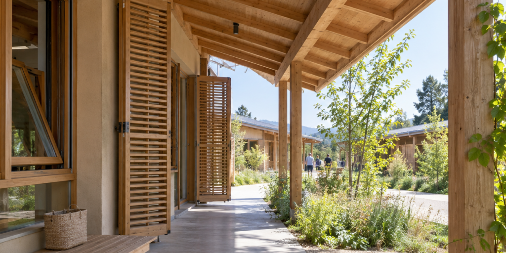 Galerie ombragée d’un bâtiment en bois avec protections solaires, fenêtres ouvertes et végétation estivale.