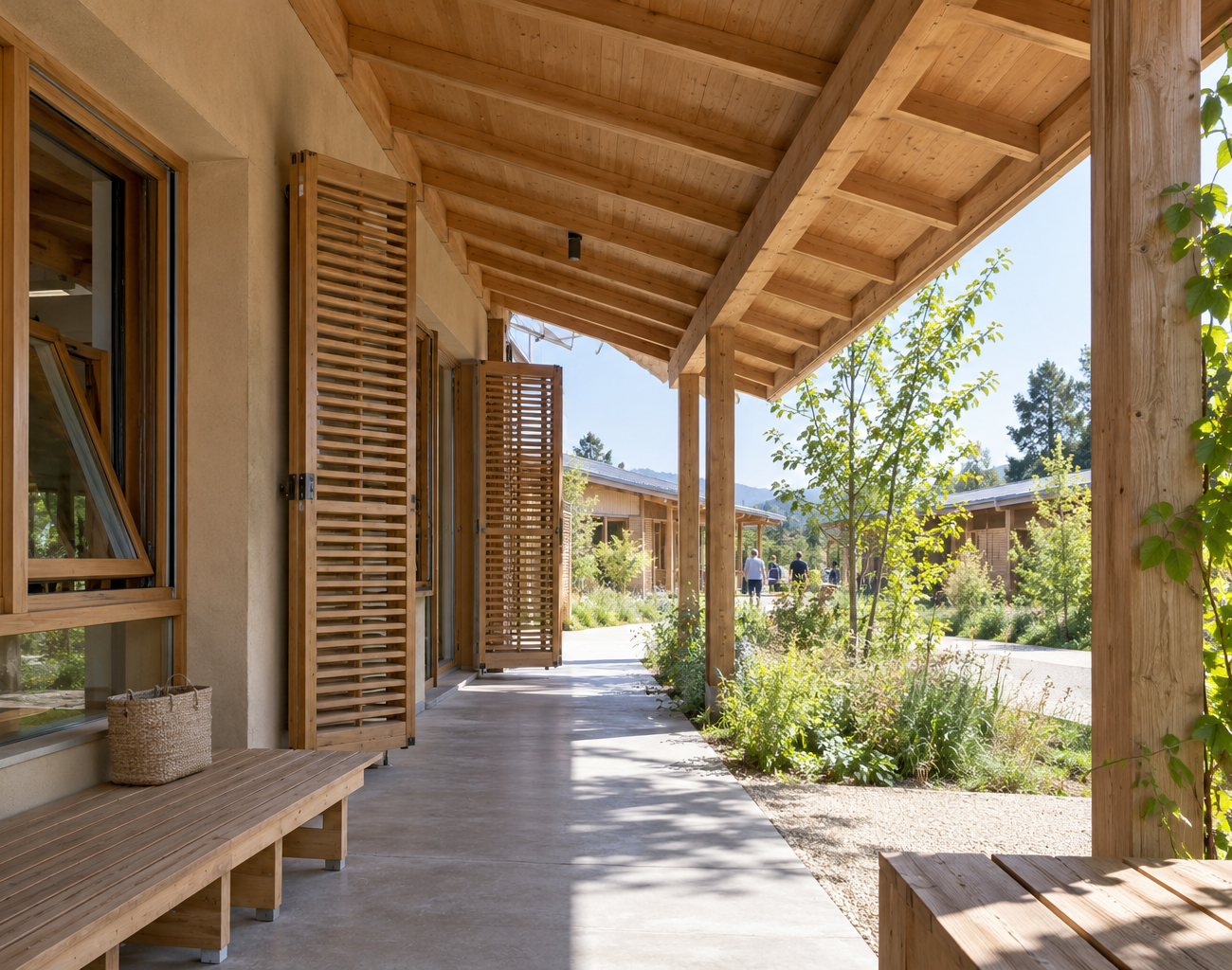 Galerie ombragée d’un bâtiment en bois avec protections solaires, fenêtres ouvertes et végétation estivale.
