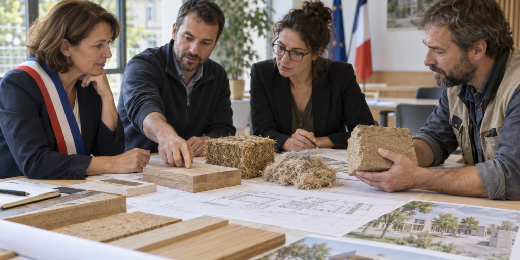 Texte alternatif Élus, techniciens, architecte et artisan réunis autour d’échantillons de bois, paille, chanvre et terre.