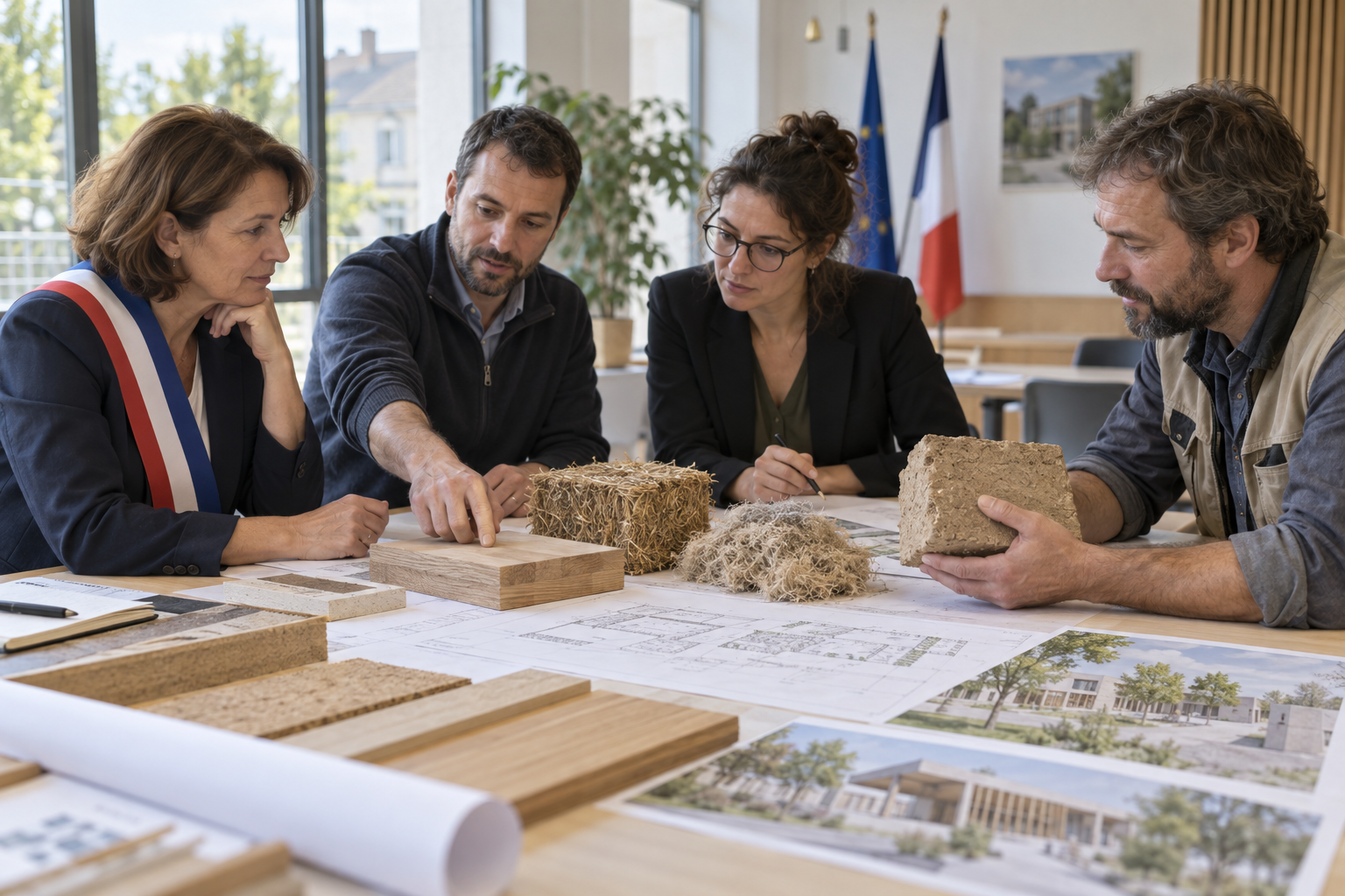 Texte alternatif Élus, techniciens, architecte et artisan réunis autour d’échantillons de bois, paille, chanvre et terre.