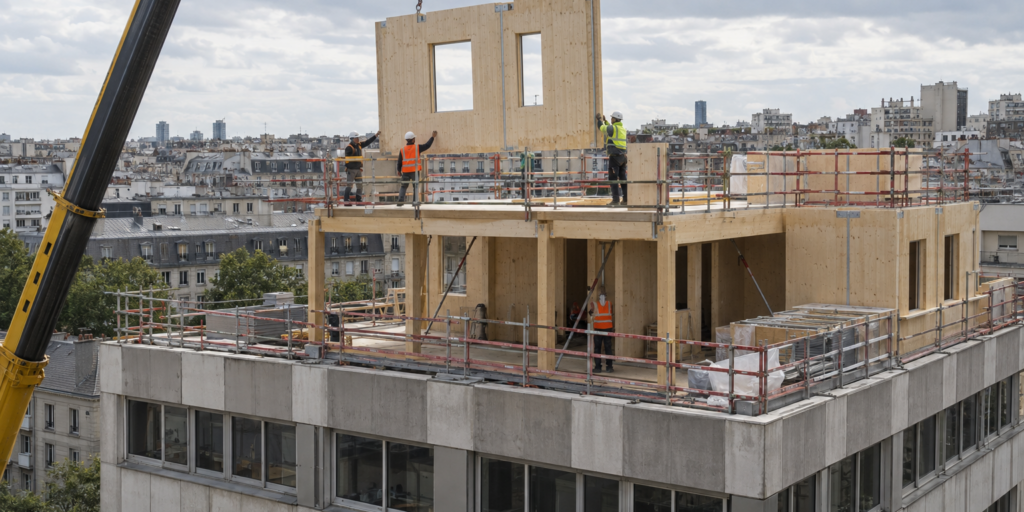 Grue levant un panneau de bois préfabriqué au-dessus d’un immeuble de bureaux existant en ville.