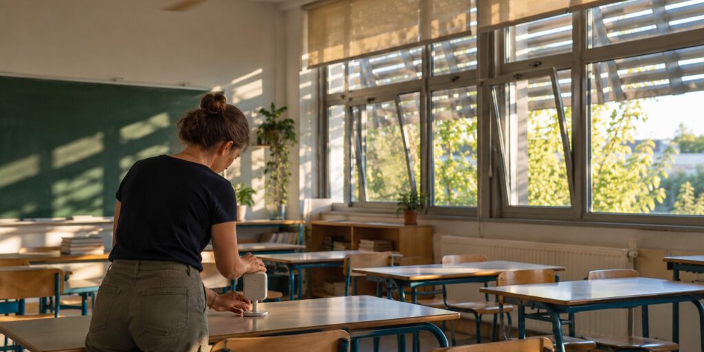 Une ingénieure règle un capteur dans une salle de classe équipée de protections solaires et d’un brasseur d’air.
