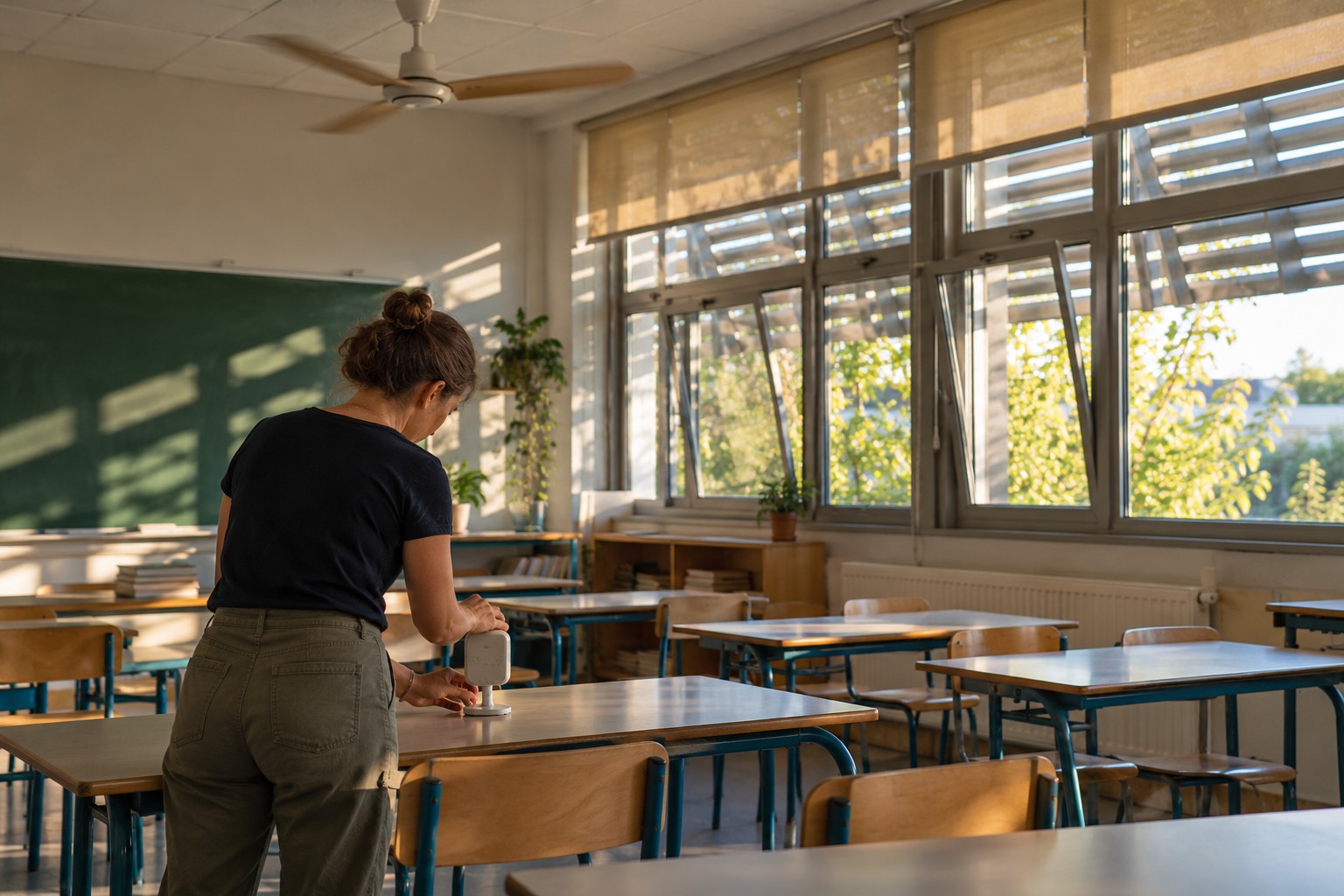 Une ingénieure règle un capteur dans une salle de classe équipée de protections solaires et d’un brasseur d’air.