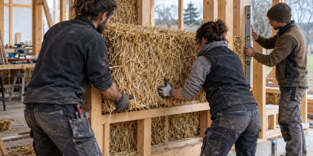 Trois professionnels insèrent une botte de paille dans une ossature bois pendant un exercice pratique.