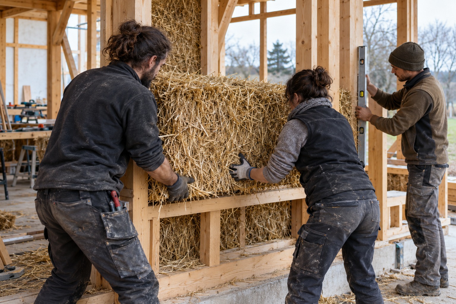 Trois professionnels insèrent une botte de paille dans une ossature bois pendant un exercice pratique.