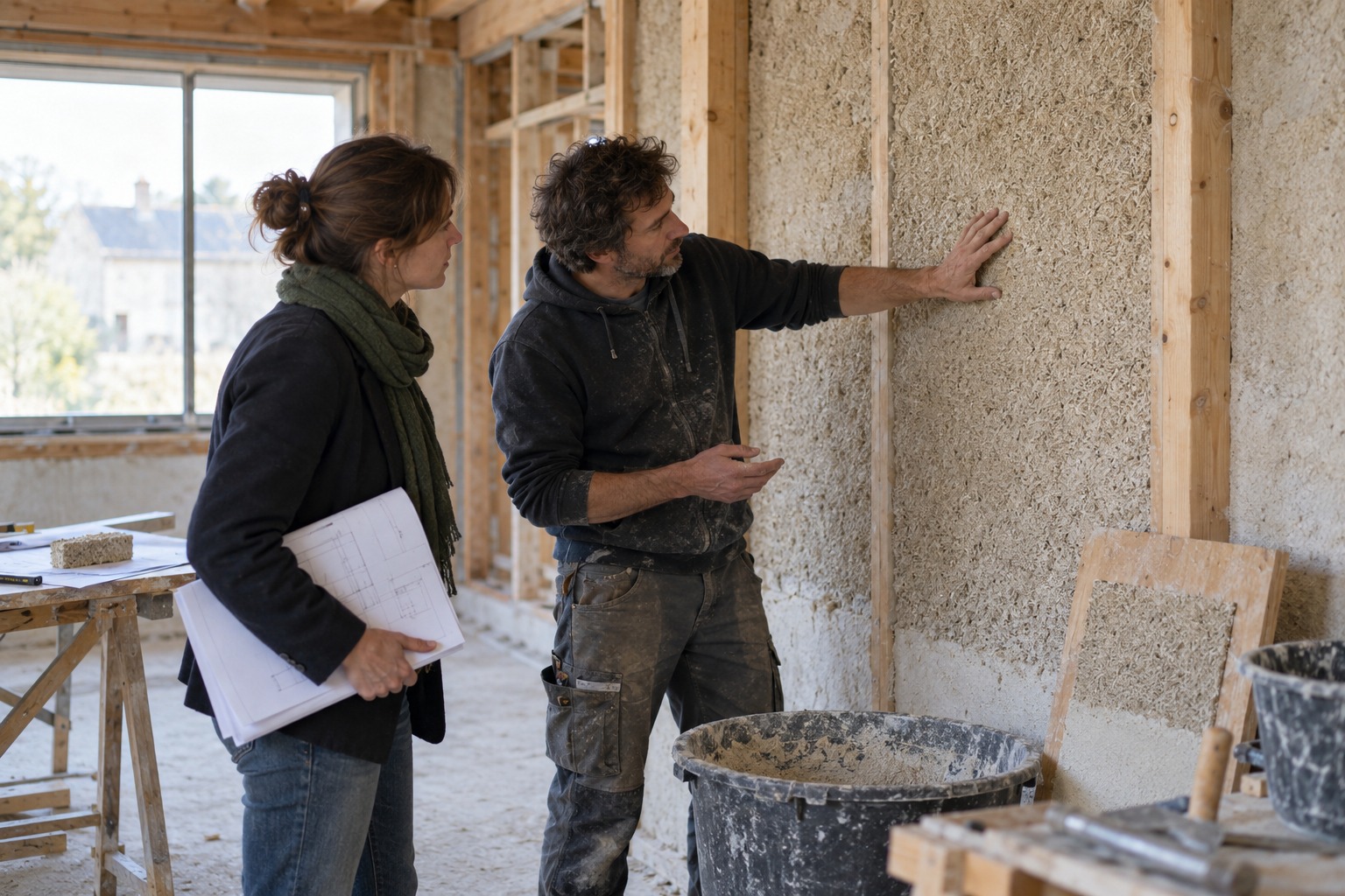 Une architecte et un artisan examinent la texture d’une paroi en béton de chanvre sur un chantier.