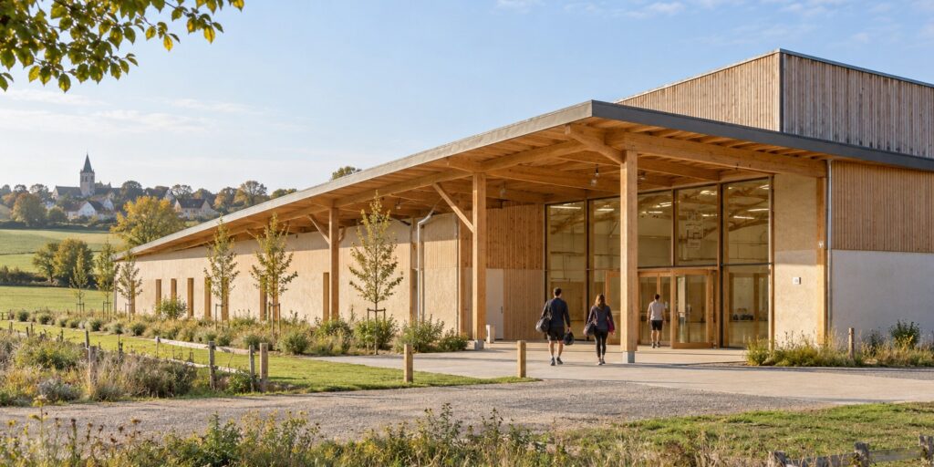Un équipement sportif contemporain en bois et enduit clair s’insère dans un paysage rural tandis que des usagers entrent dans le bâtiment.
