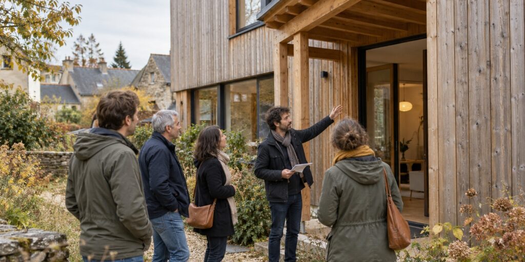 Un petit groupe visite l’extérieur d’une maison contemporaine revêtue de bois avec un architecte.