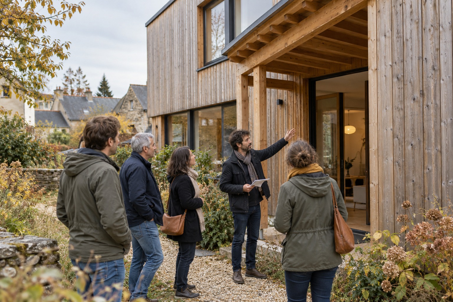 Un petit groupe visite l’extérieur d’une maison contemporaine revêtue de bois avec un architecte.